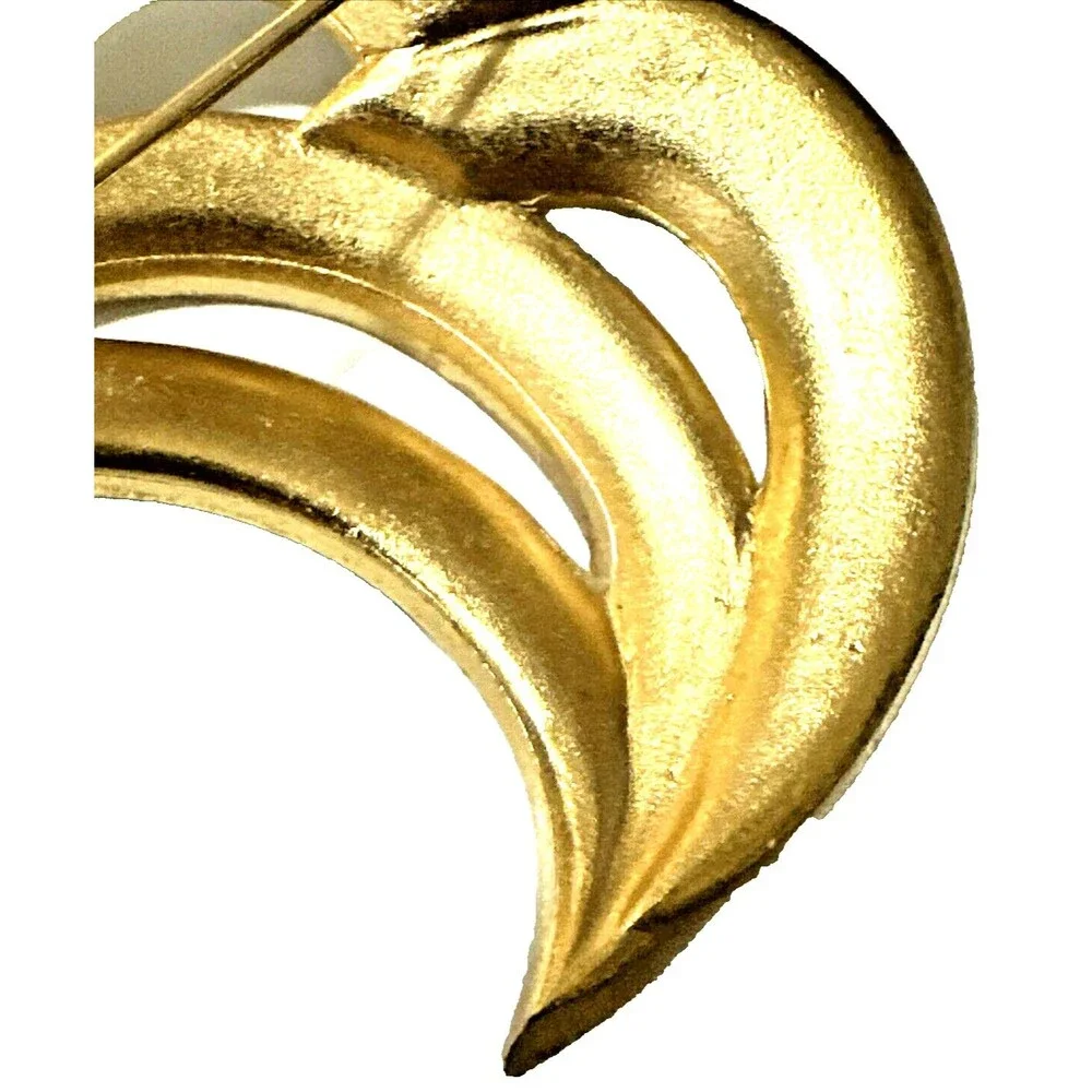 Vintage CROWN TRIFARI White Enamel Wave Brooch Crescent MCM Pin 2.25